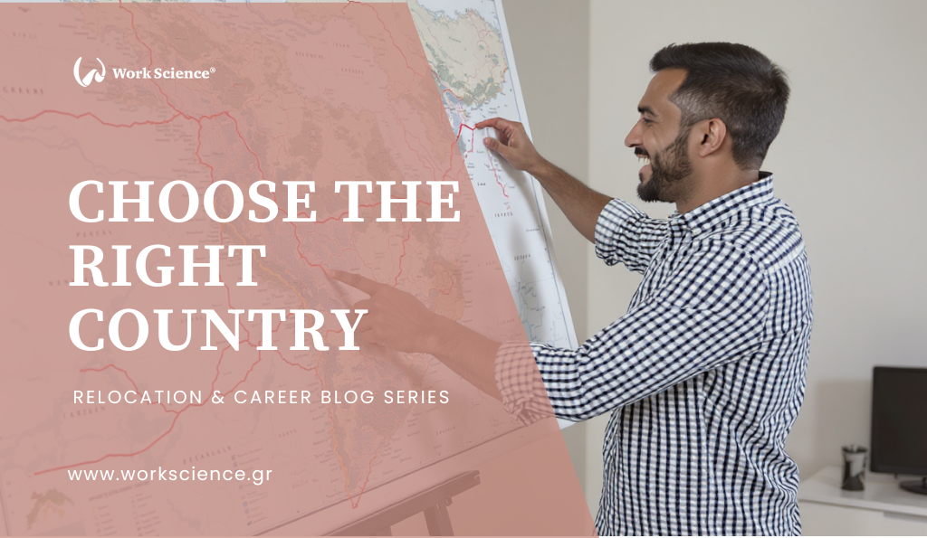 The image features a smiling man, dressed in a checked shirt, pointing to a location on a large map mounted on an easel. The man is bearded and looks engaged in the task of planning a location.