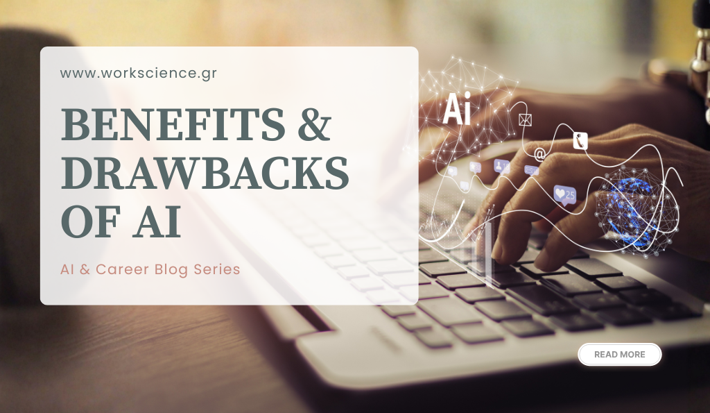 Shows hands typing on a laptop, with a glowing digital overlay displaying the text "Ai" and various icons (like mail, social media, and a network sphere), representing the pervasive nature of AI technology in daily work.