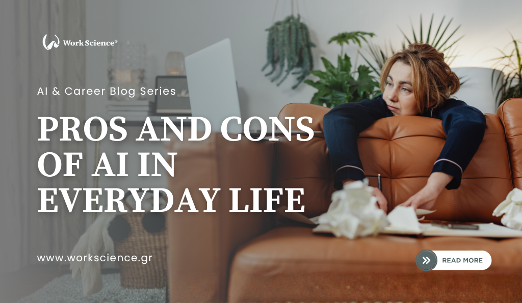 Features a woman resting her head on a couch, appearing frustrated or tired with crumpled papers nearby and a laptop in the background, possibly illustrating the challenges or complexities of integrating AI and technology into personal routines.