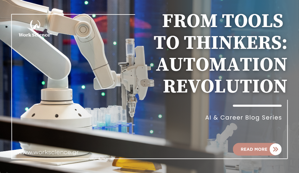 Features a robotic arm operating in a laboratory setting with test tubes, which visually represents automation in precise, complex, and potentially scientific fields, reinforcing the idea of robots moving beyond basic factory work.