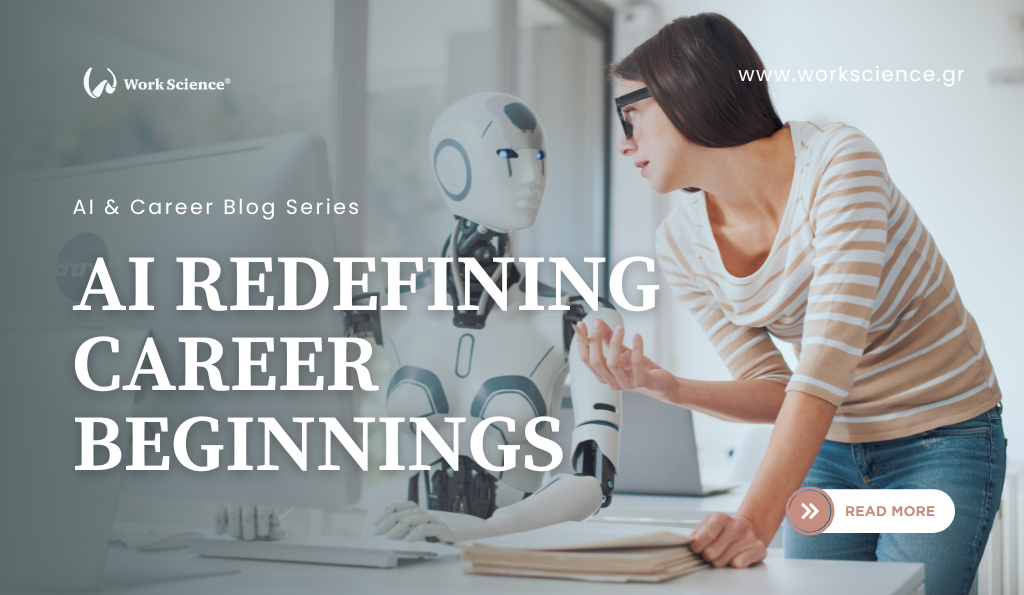 Features an image of two people, one seemingly younger, working together on a desk with a laptop, suggesting mentorship or collaboration in a modern, tech-enabled environment. This highlights the new skills needed for success in an AI-augmented workplace, such as human-AI fluency, critical thinking, and ethical judgment, which are essential for early career growth.