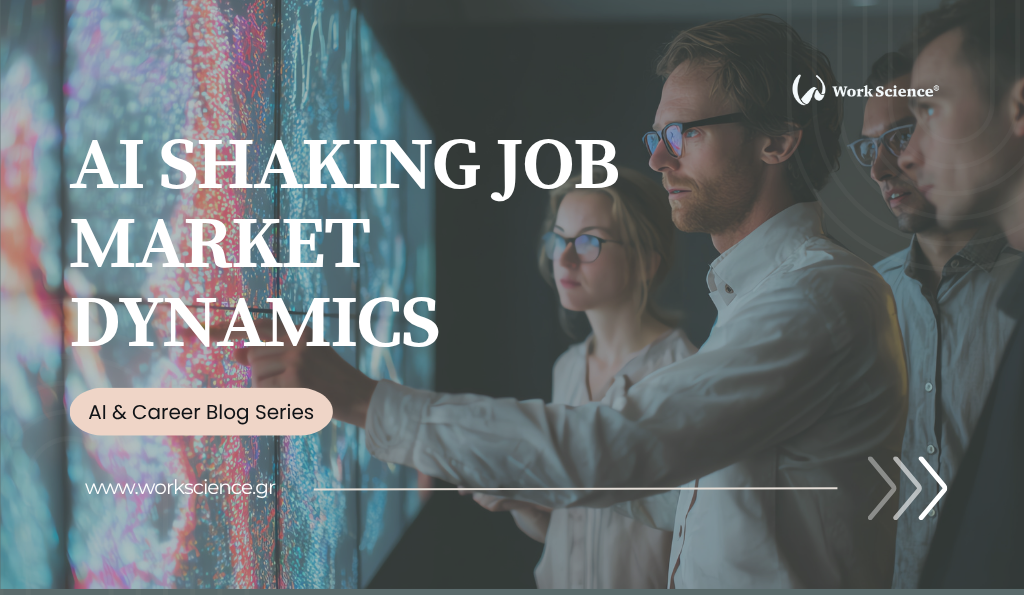 A group of business professionals in an office are intently looking at and interacting with a large, glowing digital screen displaying colorful data visualizations, representing analyzing market changes driven by AI.