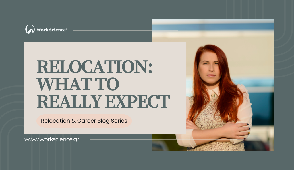 A serious-looking woman with bright red hair and a white patterned blouse stands outdoors with her arms crossed. A background overlay text box reads: "RELOCATION: WHAT TO REALLY EXPECT" and "Relocation & Career Blog Series."