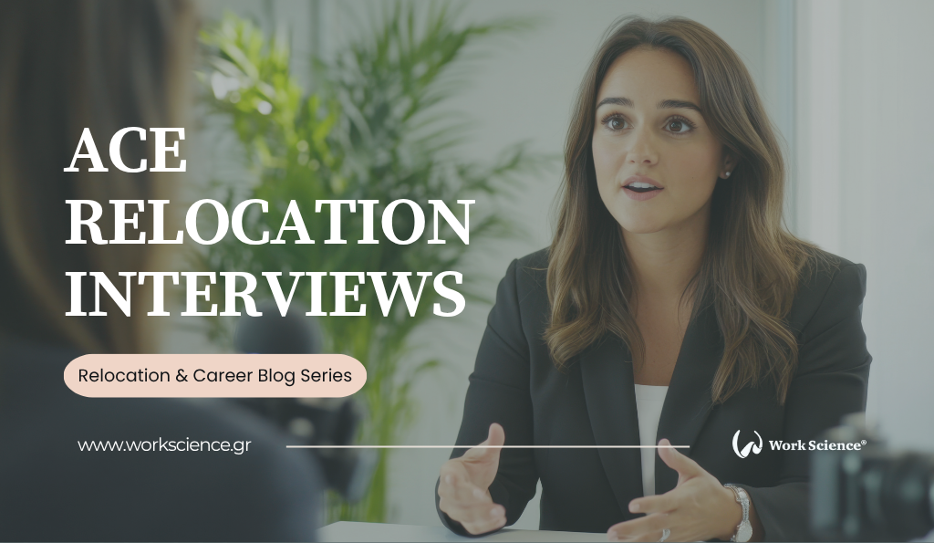 A professional woman in a business suit is sitting across a desk from an unseen interviewer, speaking and gesturing with her hands. The text overlay reads: "ACE RELOCATION INTERVIEWS" and the subtitle "Relocation & Career Blog Series."