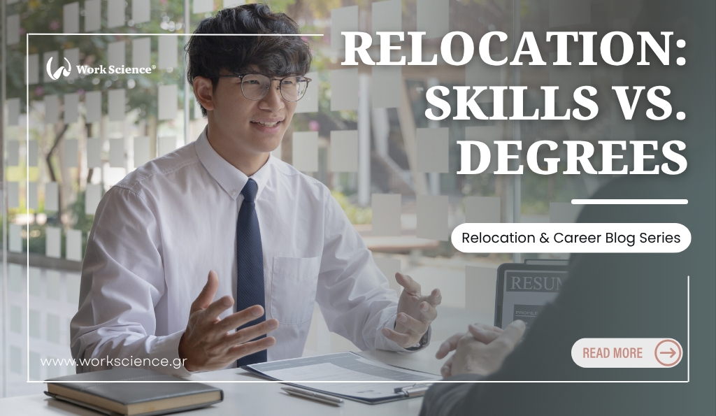 A young man in a shirt and tie is gesturing with his hands during a professional conversation or interview, with a resume visible on the desk, emphasizing the importance of skills over degrees in the context of career relocation.