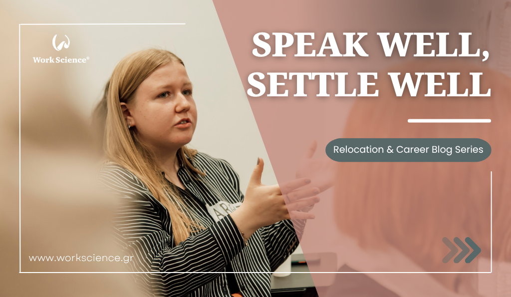 A woman in a striped shirt speaks in an animated manner during a meeting, using hand gestures, representing the role of communication skills in successfully settling into a new location and job