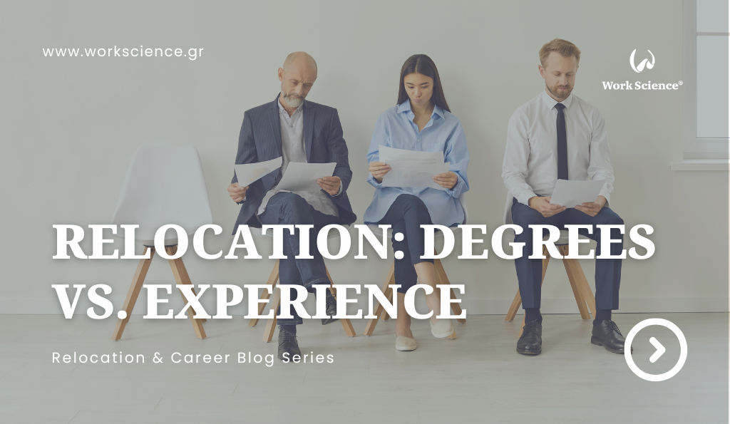 Three professionals (two men, one woman) sit spaced apart in a waiting area, reviewing resumes or documents, illustrating the comparison between formal degrees and practical experience for job seekers relocating internationally.