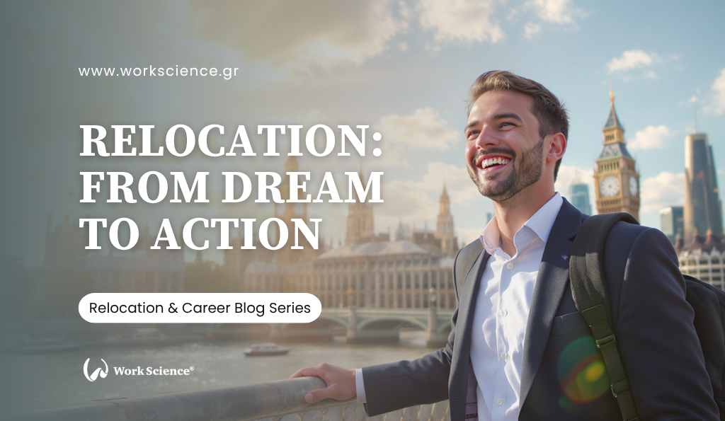 A joyful man standing in front of the iconic Big Ben, smiling widely. He is dressed in a business suit and carrying a backpack, symbolising career opportunities and relocation possibilities.