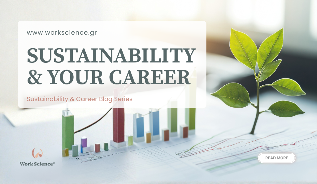 A vibrant green sprout grows out of a line graph and financial charts, symbolizing the intersection of sustainability, environmental growth, and career development in the modern economy.