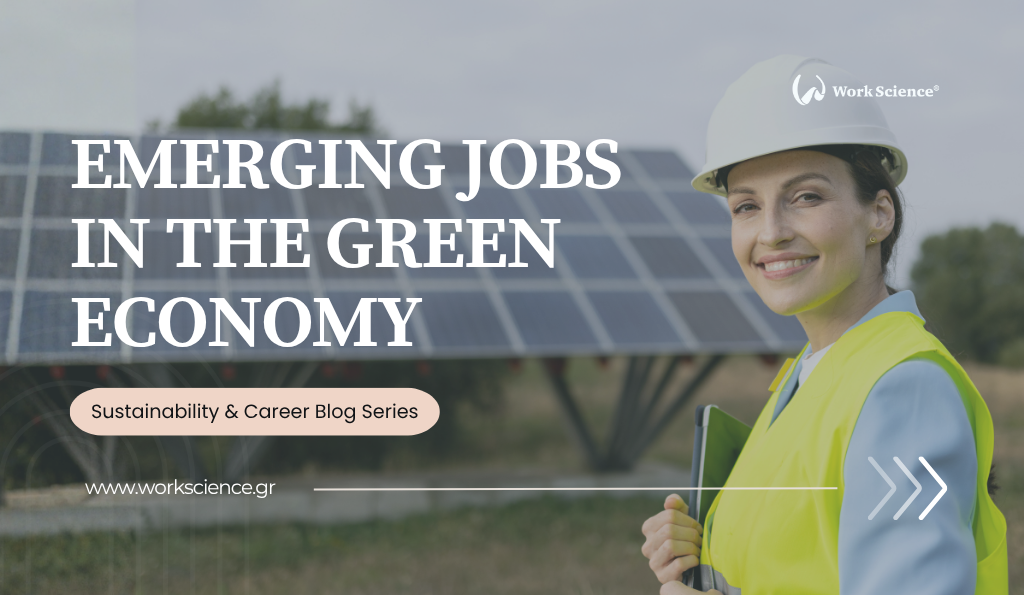 A smiling woman wearing a hard hat and high-visibility vest stands in front of a large solar panel array, representing new career opportunities and professionals working in renewable energy and the green economy.