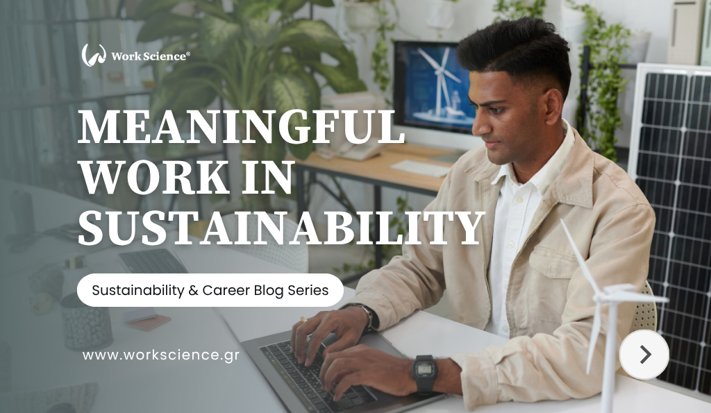 A close-up image of a person's hand holding a single, small wooden toy house, with other brightly colored wooden toy pieces in the background, symbolizing the tangible and meaningful nature of sustainable work and building a future.