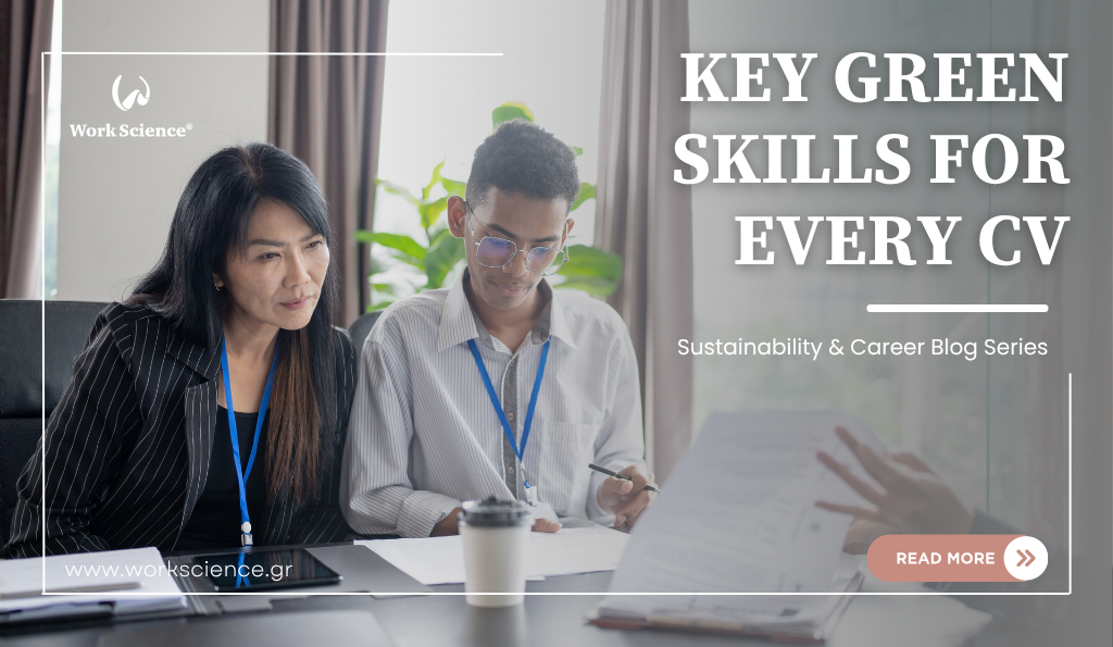 Two professionals, an older woman and a younger man, are seated at a conference table reviewing documents, symbolizing the process of identifying and hiring talent with essential green skills.