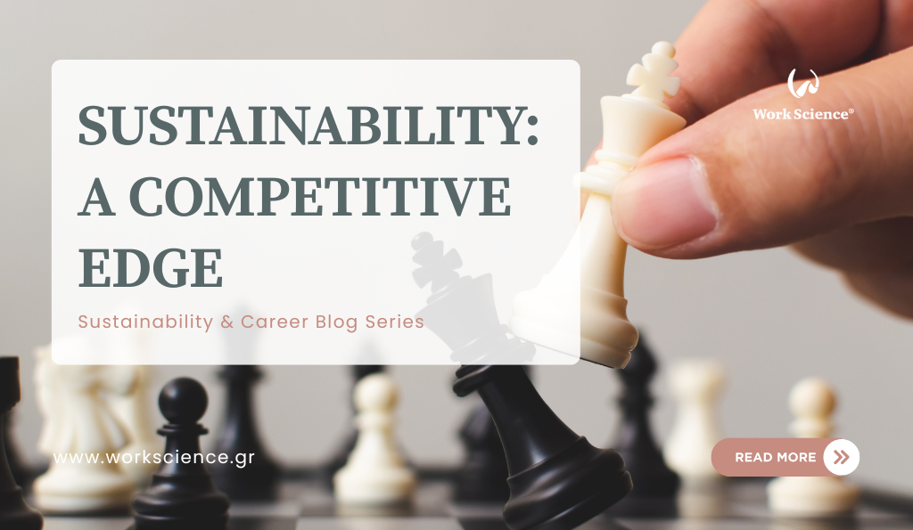 A hand moves a white king chess piece to knock over a black king piece on a chessboard, symbolizing the way sustainability provides a competitive advantage in business.