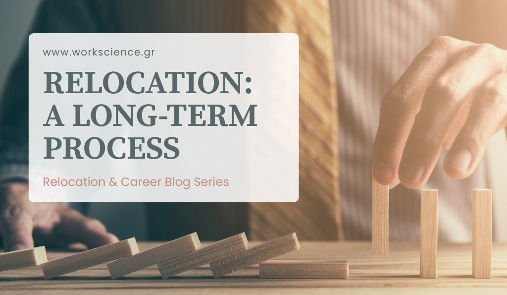 A person in business attire stops falling wooden domino blocks, next to text reading “Relocation: A Long-Term Process.”