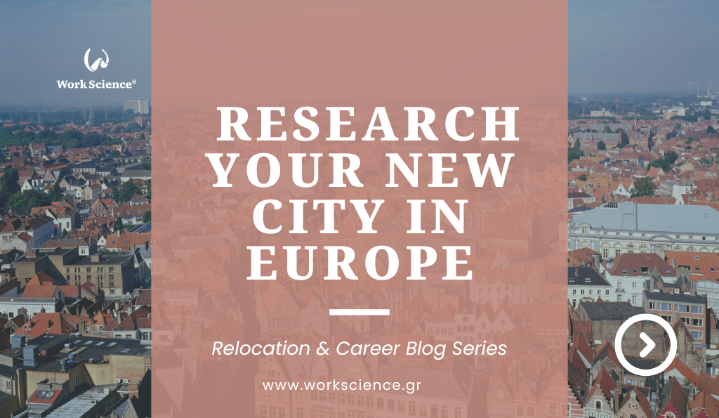Work Science blog banner: "RESEARCH YOUR NEW CITY IN EUROPE" over an aerial photo of a city with red roofs, promoting the Relocation & Career Blog Series.