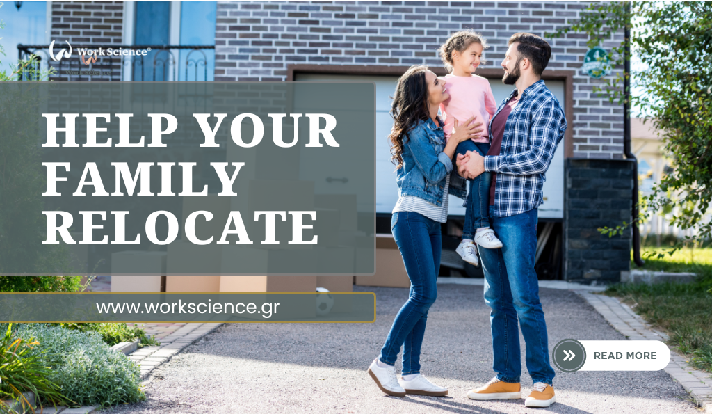 Blog banner for Work Science titled 'RELOCATION: PREPARING YOUR FAMILY' over a photo of a smiling mother, father, and young child standing in the driveway of a house next to a stack of moving boxes.