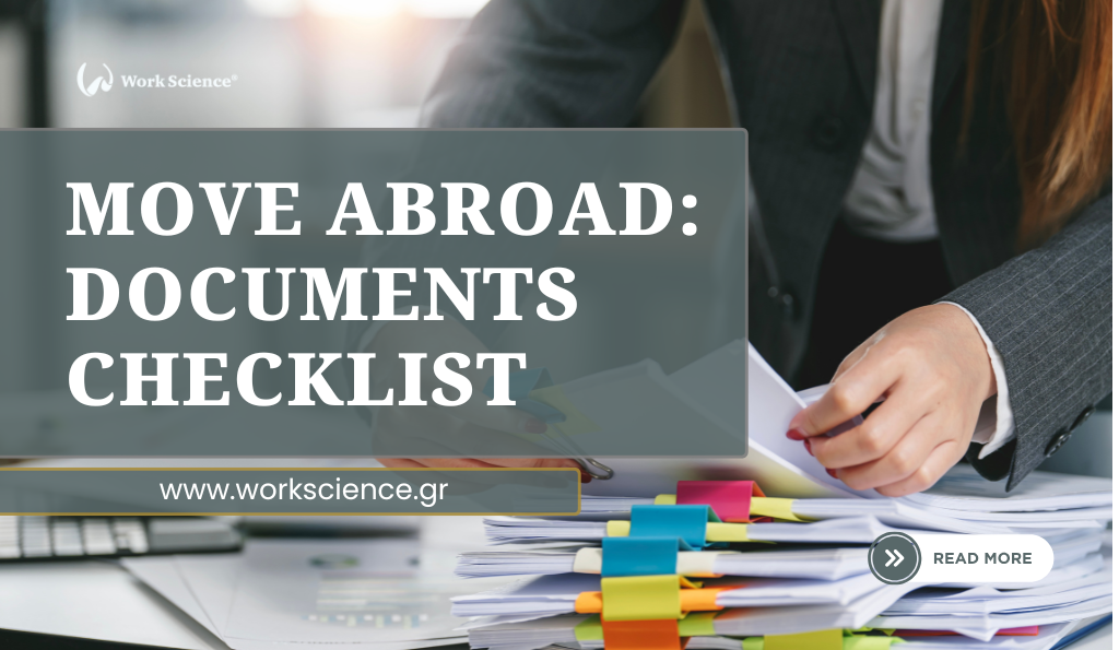Blog banner for Work Science titled 'MOVE ABROAD: DOCUMENTS CHECKLIST' over a photo of a professional sorting through stacks of paperwork and files at a desk.