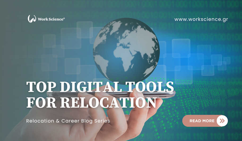 Work Science blog banner for the 'Relocation & Career Blog Series' titled 'TOP DIGITAL TOOLS FOR RELOCATION' over a photo of a hand holding a smartphone displaying a glowing digital globe against a background of green binary code.