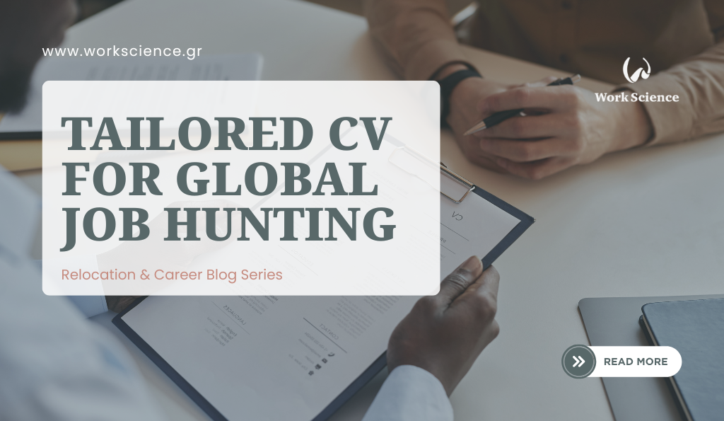 Work Science blog banner titled 'TAILORED CV FOR GLOBAL JOB HUNTING' over a photo of two professionals reviewing a resume on a clipboard during an interview or meeting.