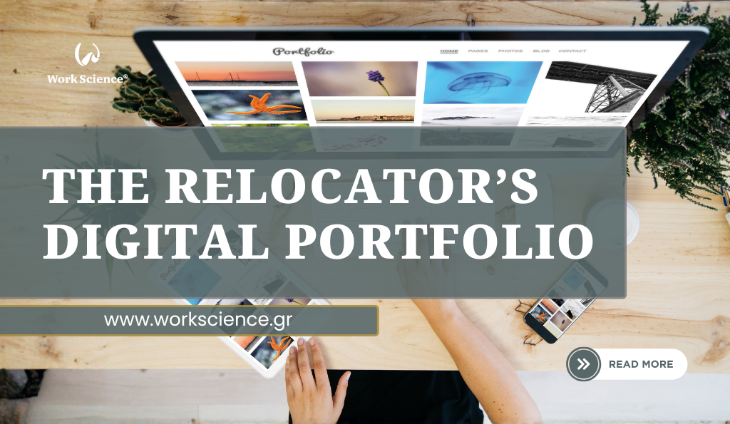 Work Science blog banner titled 'THE RELOCATOR'S DIGITAL PORTFOLIO' over a high-angle photo of a person working at a wooden desk with a laptop displaying a 'Portfolio' website and a smartphone.