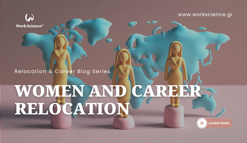 Three stylised female figures stand on podiums in front of a world map. Text overlay reads “Women and Career Relocation – Relocation & Career Blog Series.”