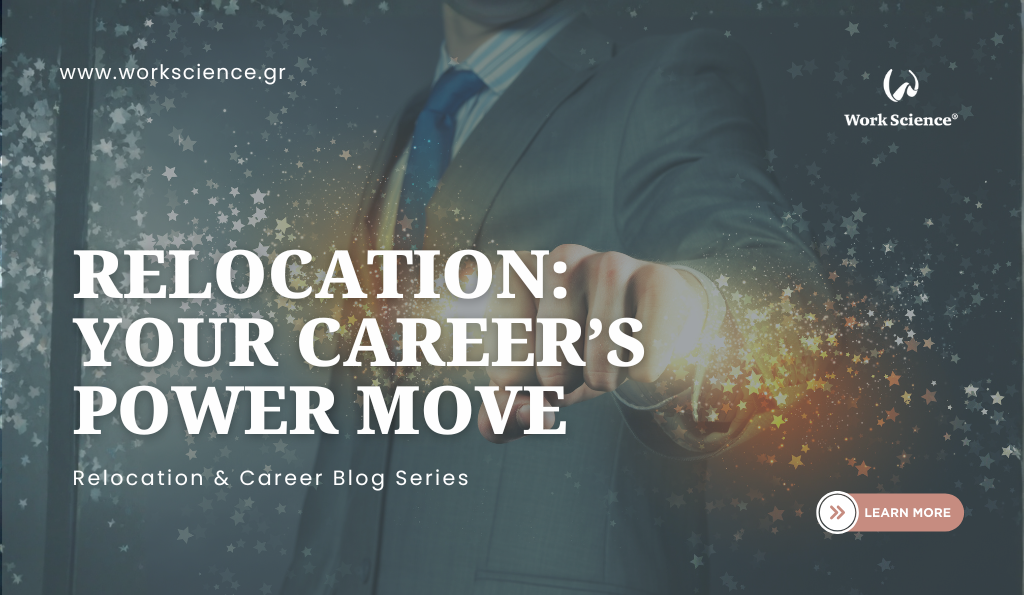 Business professional pointing forward with glowing stars — “Relocation: Your Career’s Power Move” blog by Work Science.