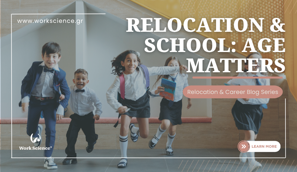 Group of young schoolchildren in uniforms running down a hallway, smiling and holding books, with the blog title “Relocation & School: Age Matters” displayed on the right side.