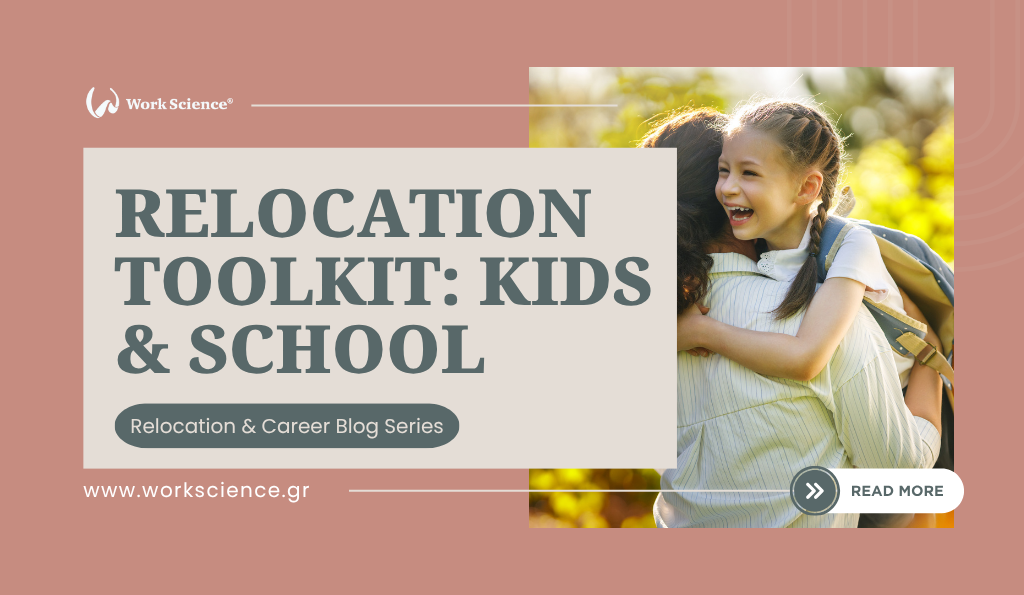 Smiling young girl with braided hair hugging an adult outdoors in warm sunlight, symbolizing support during relocation, with the title “Relocation Toolkit: Kids & School” displayed on the left side.