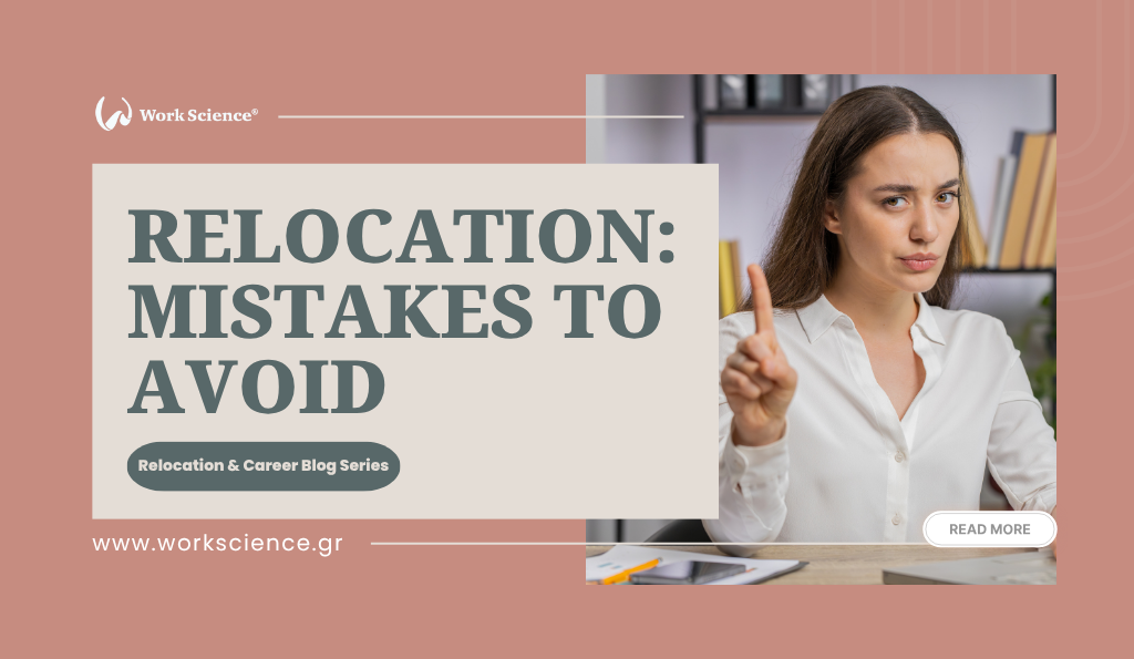 A banner titled “Relocation: Mistakes to Avoid” with a woman raising her finger as a warning gesture.