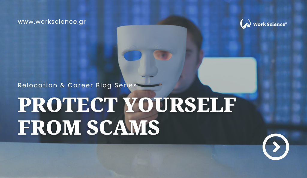 Protect Yourself from Scams' showing a person holding a white mask over their face in a dark, blue-lit setting.