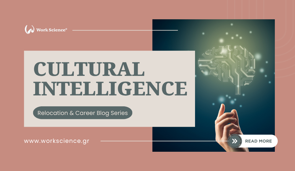 Graphic for 'Relocation & Career Blog Series' titled 'CULTURAL INTELLIGENCE,' featuring a hand pointing toward a digital, circuit-board-style brain image.