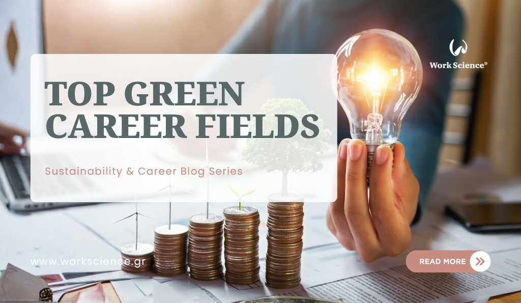 Green careers blog banner with stacked coins, renewable energy icons, and a glowing light bulb, promoting top sustainability career fields.