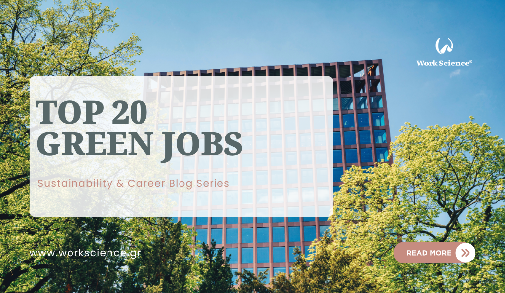 Green jobs blog banner with a modern office building and trees, promoting the top 20 sustainability careers.