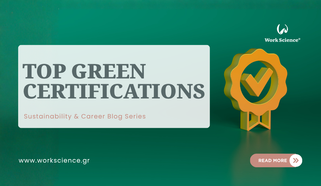 Green certifications blog banner with a certification badge and checkmark, promoting sustainability credentials and career growth.