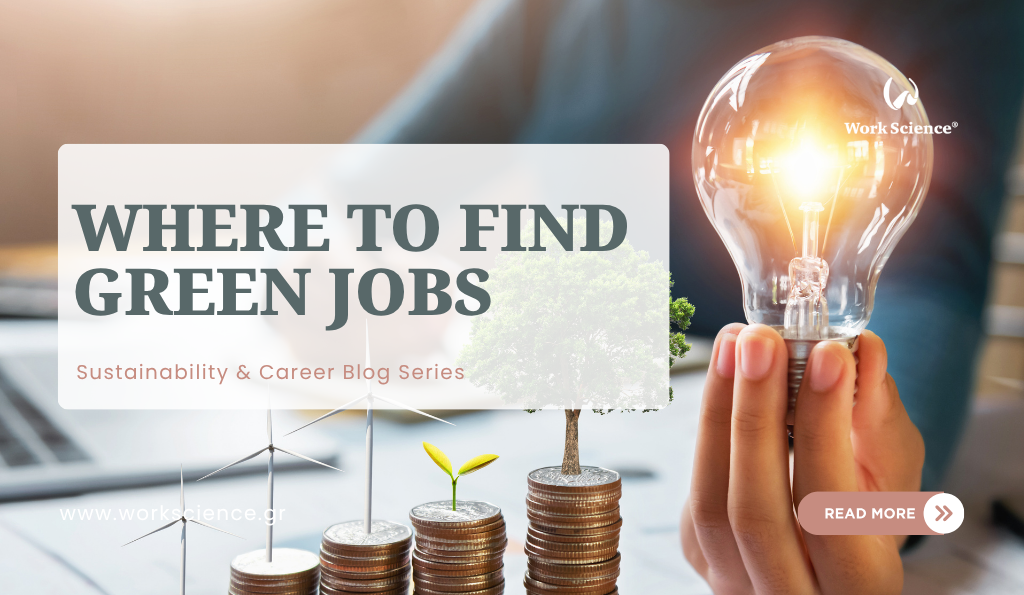 Green jobs blog banner with renewable energy icons, stacked coins, and a glowing light bulb, promoting where to find sustainability careers.