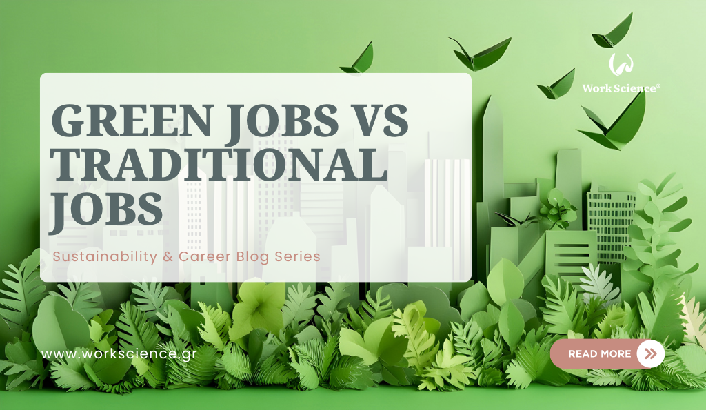 Green careers blog banner with an eco-friendly city and greenery, comparing green jobs and traditional jobs.