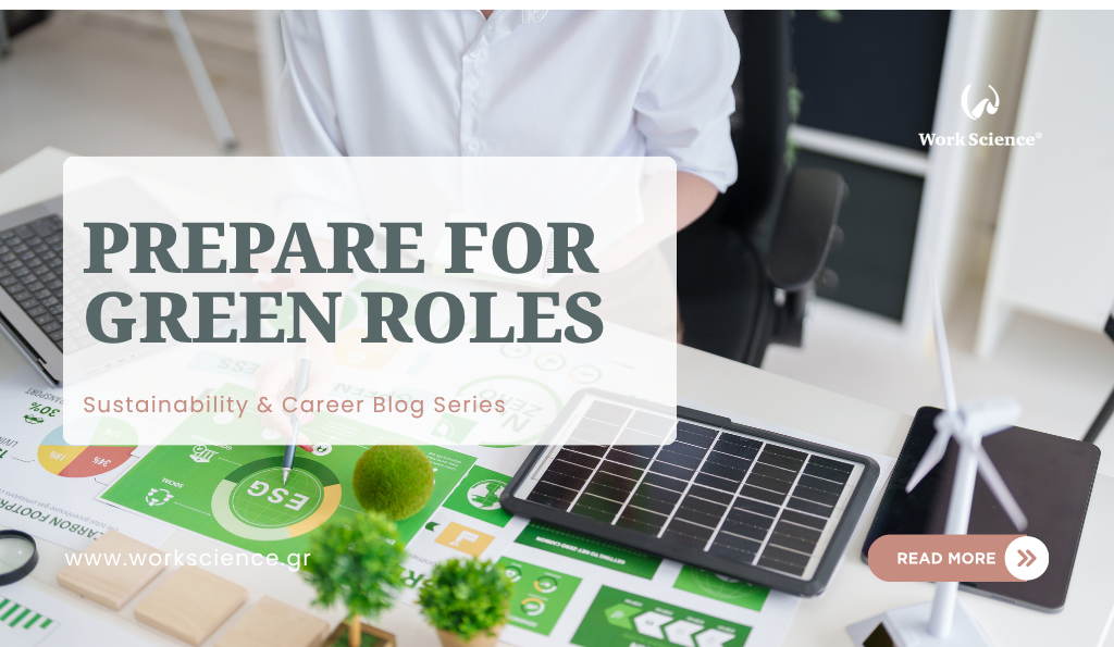 Green careers blog banner with sustainability planning tools, a solar panel, and wind turbine model, promoting preparation for green roles.
