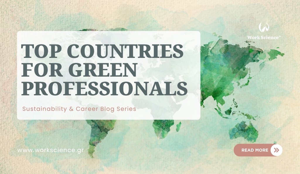 Green careers blog banner with a watercolor world map, showcasing top countries for green professionals and sustainability jobs.