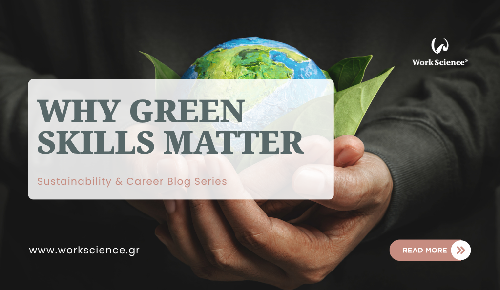 Green careers blog banner with hands holding a globe and leaves, promoting the importance of green skills for sustainable careers.