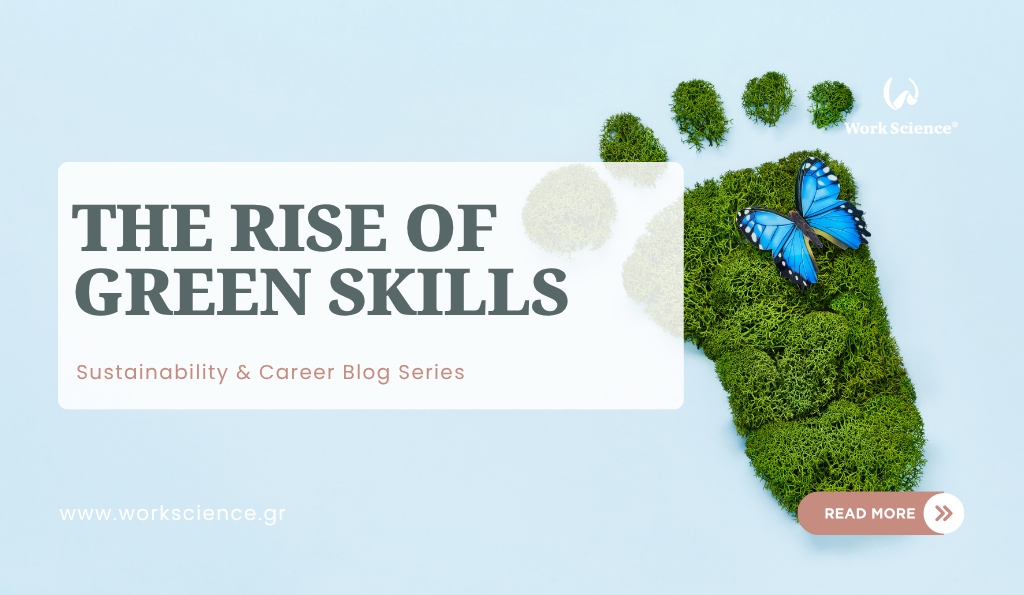 Blog banner titled "The Rise of Green Skills" featuring a green moss footprint and a blue butterfly.
