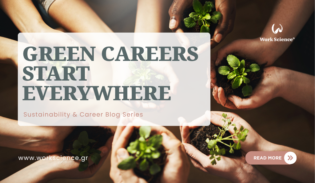Blog banner titled "Green Careers Start Everywhere" featuring multiple hands holding small green plants in soil.