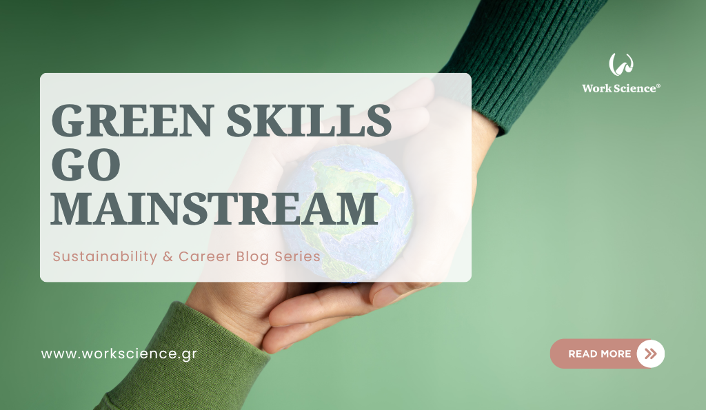 "Green Skills Go Mainstream" featuring two hands cupping a small globe against a green background.