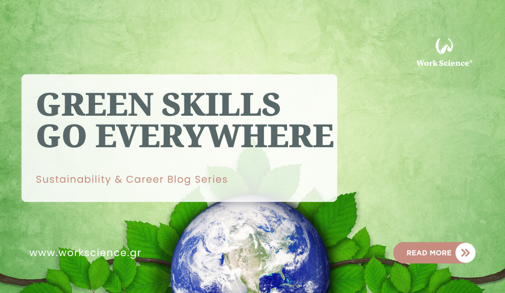 Earth surrounded by leaves with “Green Skills Go Everywhere” text.