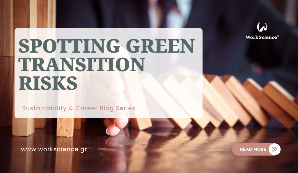 Hand stopping falling wooden dominoes with text reading "Spotting Green Transition Risks"