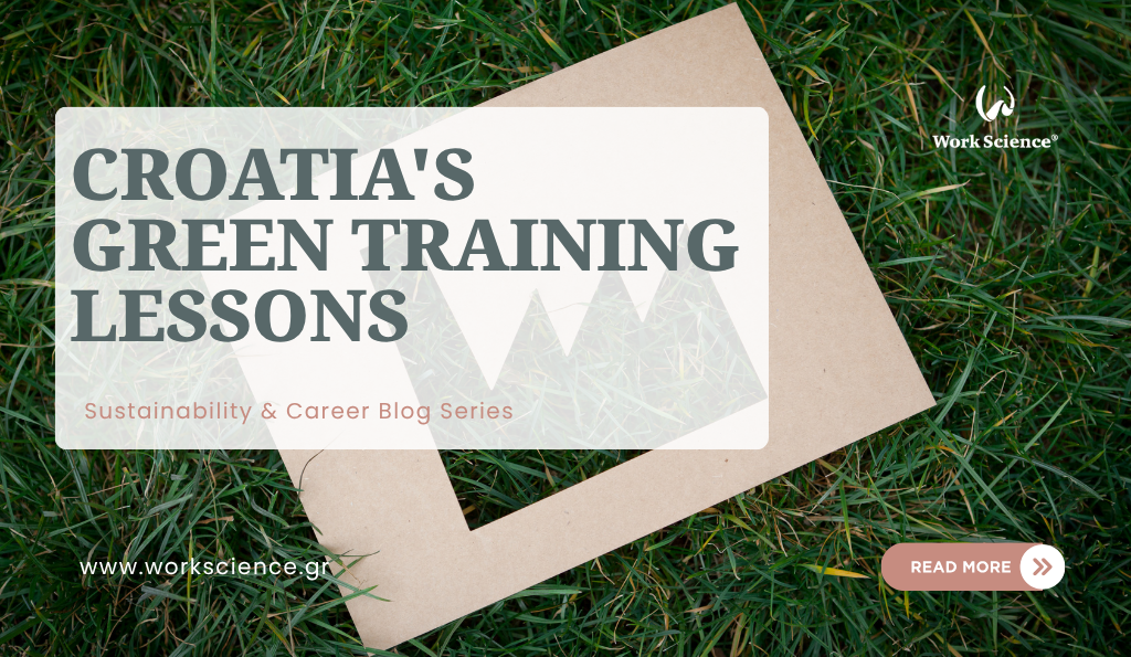 Kraft paper on green grass with text reading "Croatia's Green Training Lessons".
