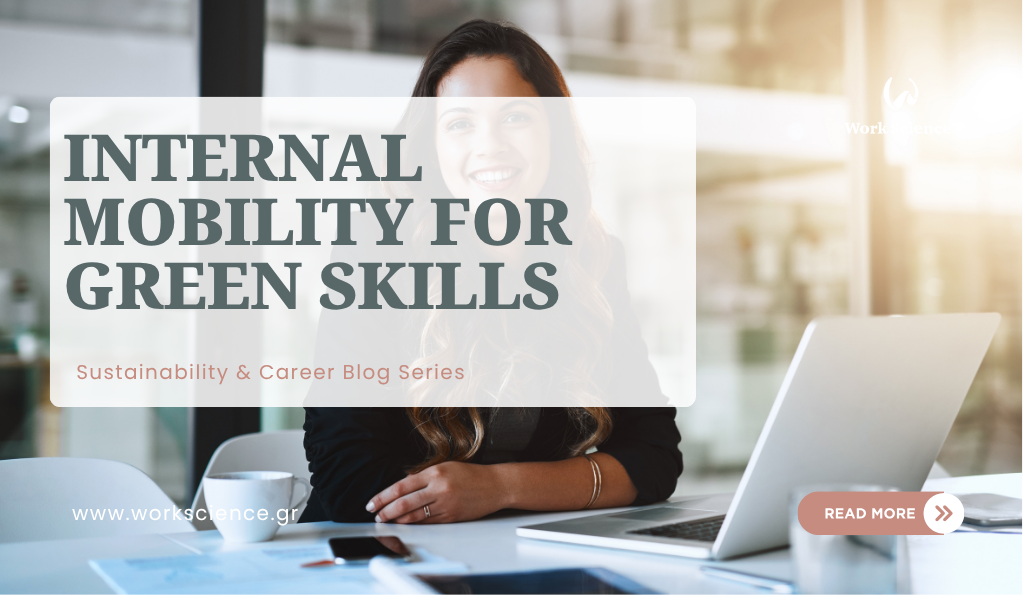 Smiling professional at a desk with a laptop and text reading "Internal Mobility for Green Skills".