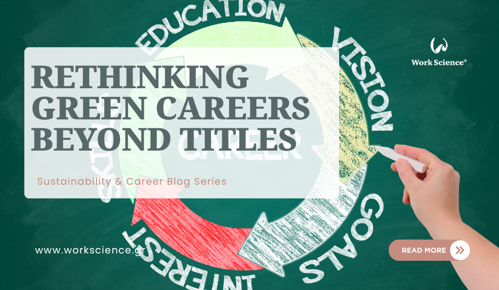 Hand drawing a circular diagram of career terms on a chalkboard with text reading "Rethinking Green Careers Beyond Titles".