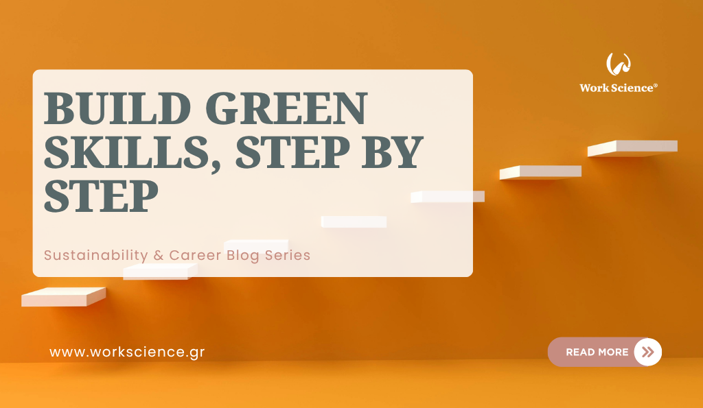 Minimalist steps ascending an orange wall with text reading "Build Green Skills, Step by Step".