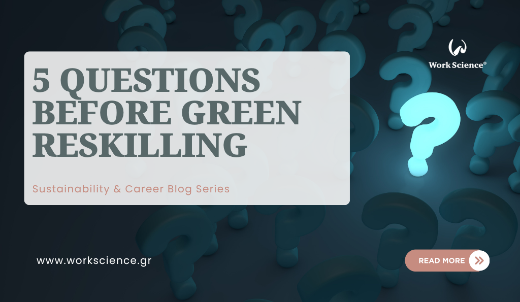 Glowing question mark among 3D question marks with text reading "5 Questions Before Green Reskilling".